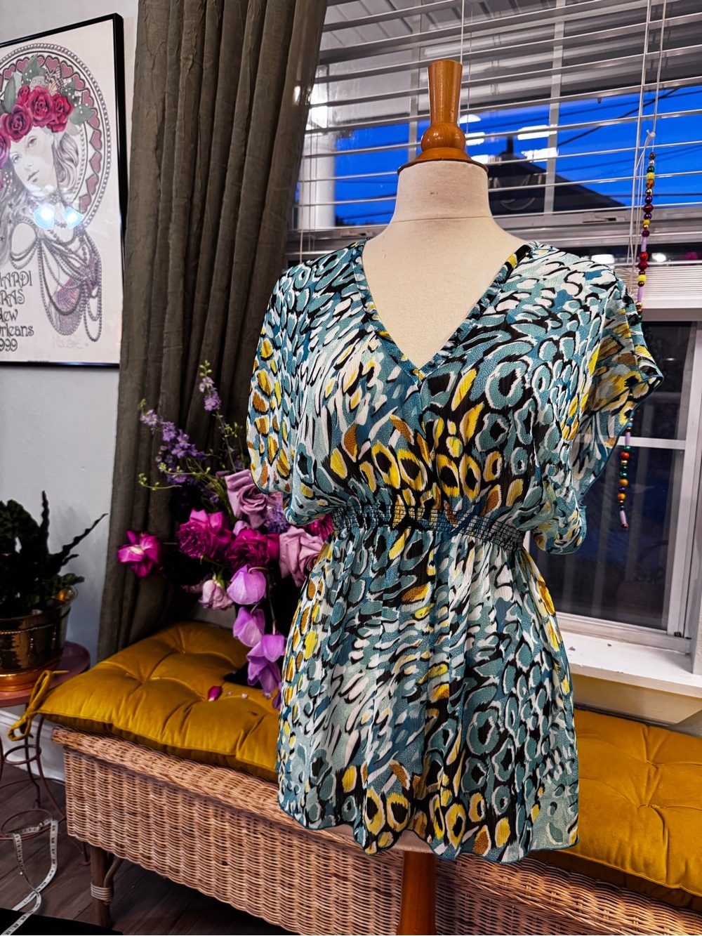 Vibrant Teal & Mustard Printed V-Neck Blouse
